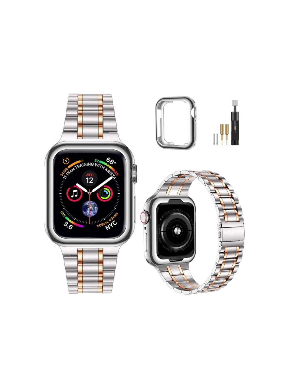 Apple Smartwatch Stainless-Steel Band w TPU Case 45mm Series 9/8/7 (SILV/ROSE)